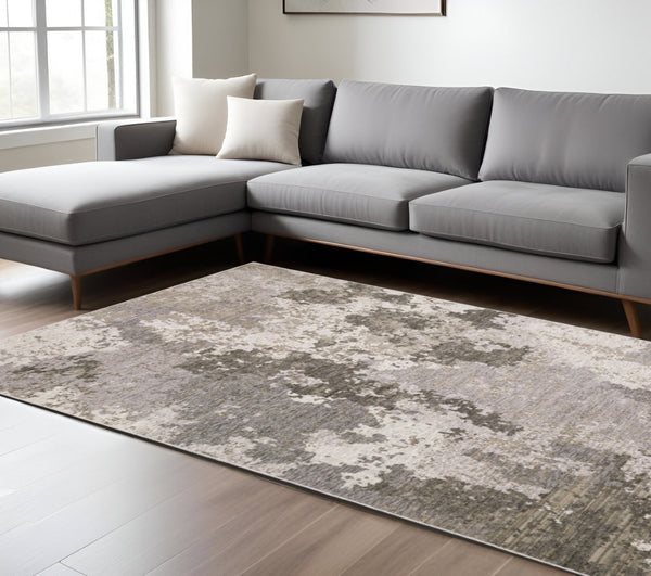 HomeRoots 2' Abstract Power Loom Runner Rug in Grey Ivory Beige Tan Brown Black - Stain Resistant & Durable 8' X 11' 509605