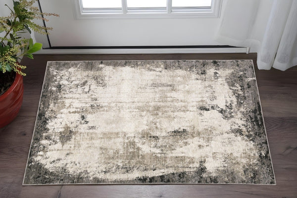 HomeRoots 2' Abstract Grey Ivory Charcoal Tan Black Beige Power Loom Runner Rug - Modern, Stain Resistant Design 3' x 5' 509608
