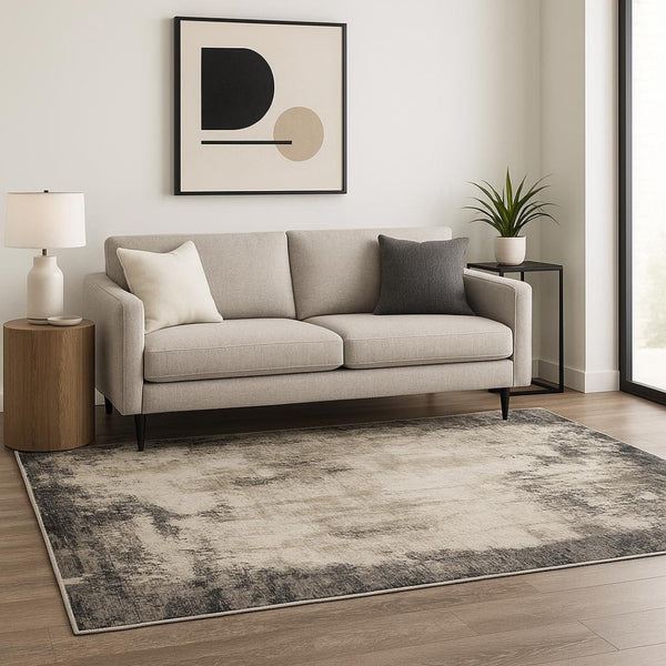 HomeRoots 2' Abstract Grey Ivory Charcoal Tan Black Beige Power Loom Runner Rug - Modern, Stain Resistant Design 5' X 8' 509609