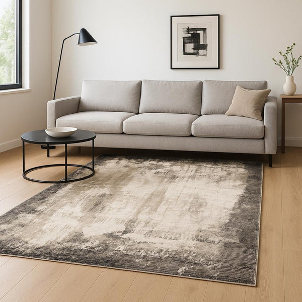HomeRoots 2' Abstract Grey Ivory Charcoal Tan Black Beige Power Loom Runner Rug - Modern, Stain Resistant Design 7' X 10' 509610