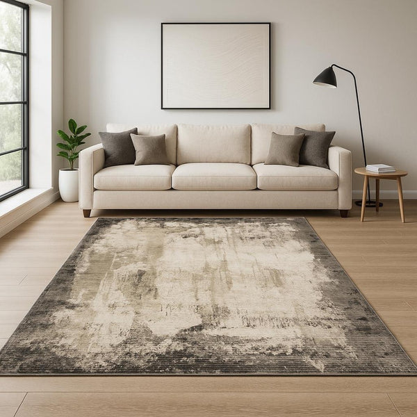 HomeRoots 2' Abstract Grey Ivory Charcoal Tan Black Beige Power Loom Runner Rug - Modern, Stain Resistant Design 8' X 11' 509611
