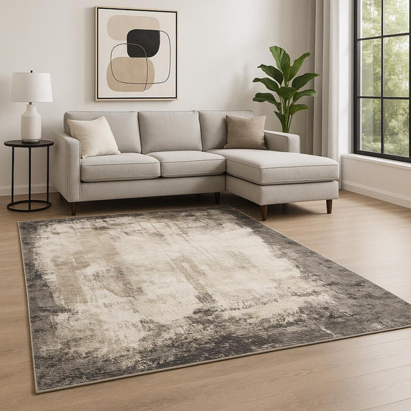 HomeRoots 2' Abstract Grey Ivory Charcoal Tan Black Beige Power Loom Runner Rug - Modern, Stain Resistant Design 10' X 13' 509612