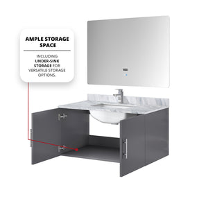 English Elm Dark Grey Bath Vanity Set With Carrara Marble Top, Chrome Faucet, And Led Mirror For Modern Spaces B2731S01309