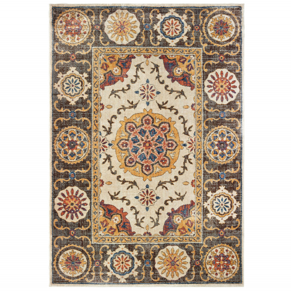 Homeroots 10' X 13' Ivory And Brown Oriental Power Loom Stain Resistant Area Rug  Polypropylene 509642