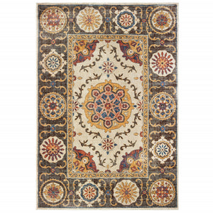 Homeroots 10' X 13' Ivory And Brown Oriental Power Loom Stain Resistant Area Rug  Polypropylene 509642