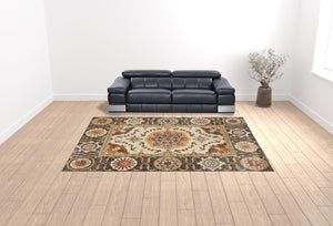 Homeroots 10' X 13' Ivory And Brown Oriental Power Loom Stain Resistant Area Rug  Polypropylene 509642
