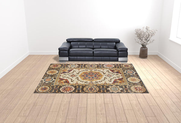 Homeroots 10' X 13' Ivory And Brown Oriental Power Loom Stain Resistant Area Rug  Polypropylene 509642