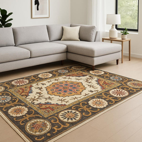 HomeRoots 10' x 13' Elegant Ivory and Brown Oriental Area Rug – Stain Resistant, Durable for High-Traffic Homes 509642
