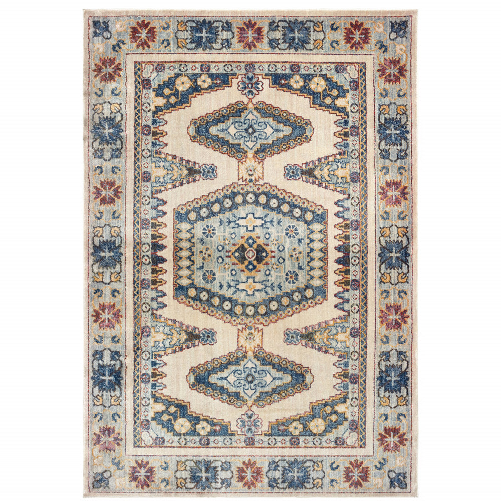 Homeroots 10' X 13' Ivory And Blue Oriental Power Loom Stain Resistant Area Rug  Polypropylene 509648