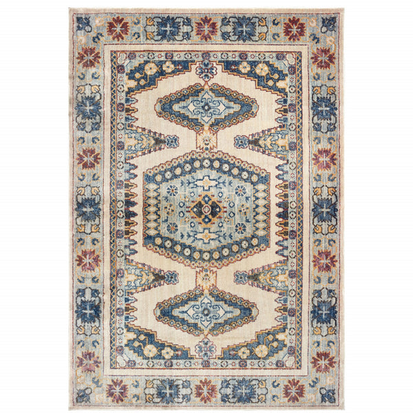 Homeroots 10' X 13' Ivory And Blue Oriental Power Loom Stain Resistant Area Rug  Polypropylene 509648