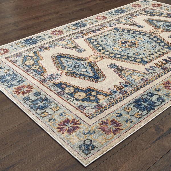 Homeroots 10' X 13' Ivory And Blue Oriental Power Loom Stain Resistant Area Rug  Polypropylene 509648