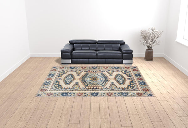 Homeroots 10' X 13' Ivory And Blue Oriental Power Loom Stain Resistant Area Rug  Polypropylene 509648