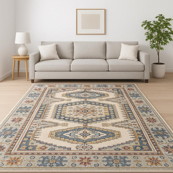 HomeRoots 10' X 13' Ivory and Blue Oriental Area Rug - Stain Resistant, Elegant Design for Busy Homes! 509648