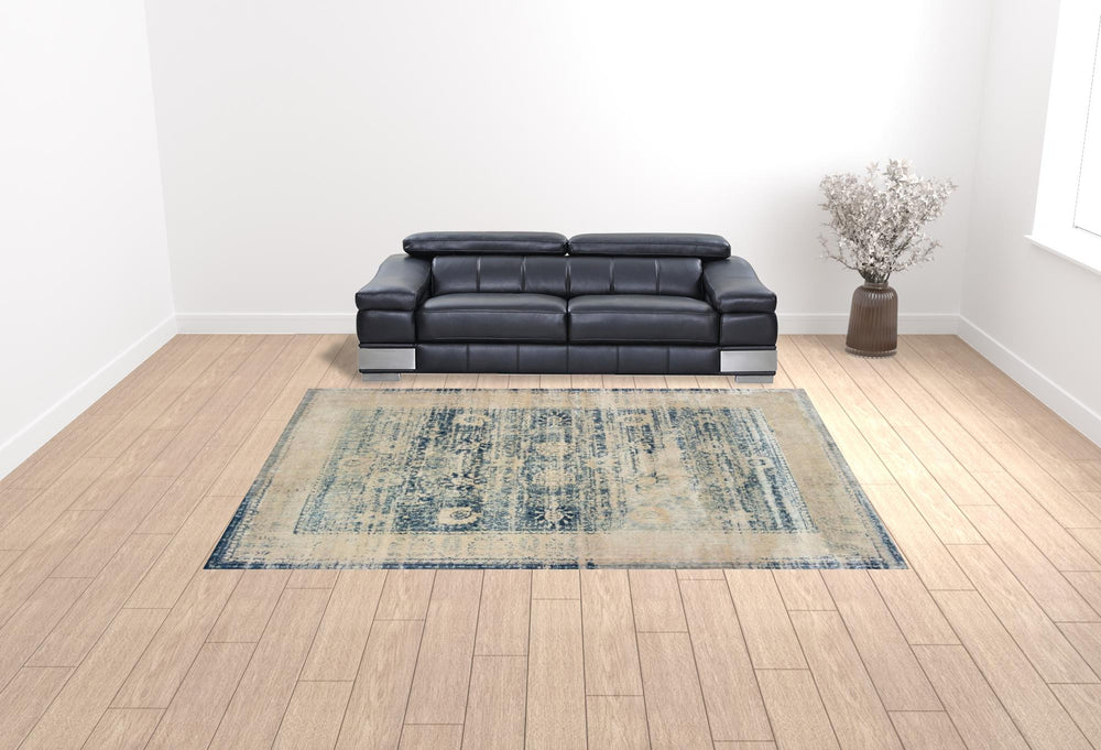 Homeroots 10' X 13' Ivory And Blue Oriental Power Loom Stain Resistant Area Rug  Polypropylene 509654