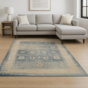 HomeRoots 10' Ivory and Blue Oriental Area Rug - Stain-Resistant, Durable Power Loom Design for Any Space 509654