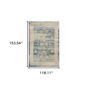 Homeroots 10' X 13' Ivory And Blue Oriental Power Loom Stain Resistant Area Rug  Polypropylene 509654