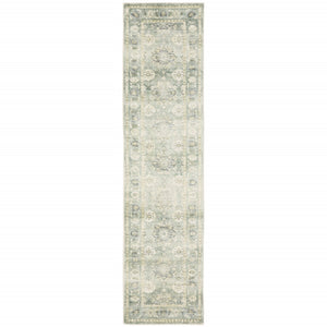 HomeRoots 2' Timeless Green and Ivory Oriental Runner Rug - Durable, Stain-Resistant for High Traffic Areas 2' x 8' 509664