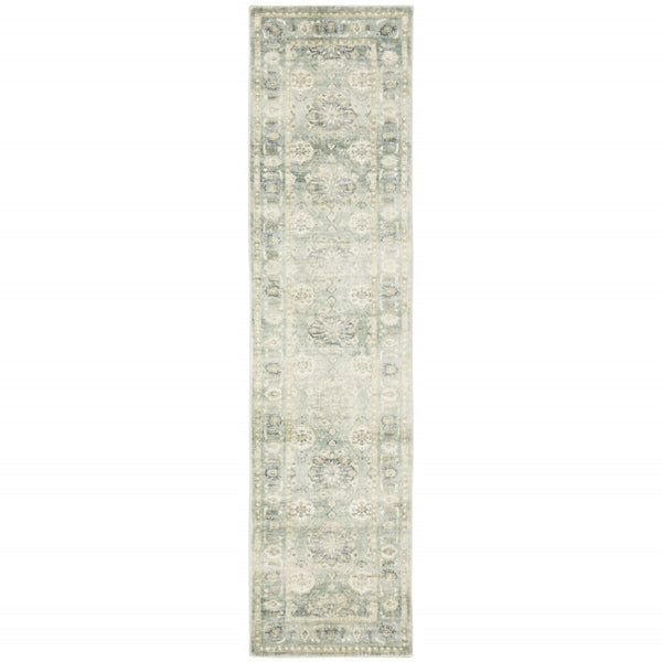 HomeRoots 2' Timeless Green and Ivory Oriental Runner Rug - Durable, Stain-Resistant for High Traffic Areas 2' x 8' 509664