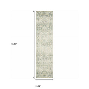 HomeRoots 2' Timeless Green and Ivory Oriental Runner Rug - Durable, Stain-Resistant for High Traffic Areas 2' x 8' 509664