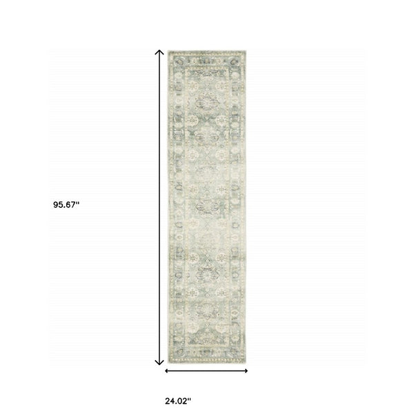 HomeRoots 2' Timeless Green and Ivory Oriental Runner Rug - Durable, Stain-Resistant for High Traffic Areas 2' x 8' 509664