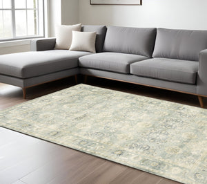 HomeRoots 2' Timeless Green and Ivory Oriental Runner Rug - Durable, Stain-Resistant for High Traffic Areas 7'8" x 10' 509666