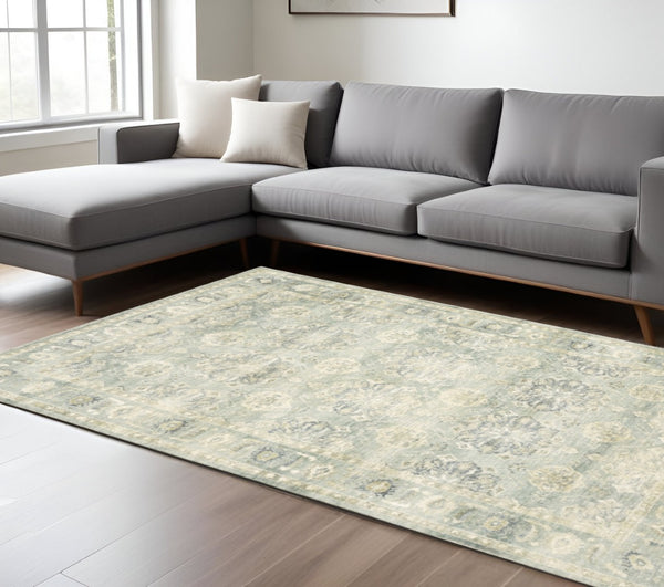 HomeRoots 2' Timeless Green and Ivory Oriental Runner Rug - Durable, Stain-Resistant for High Traffic Areas 7'8" x 10' 509666