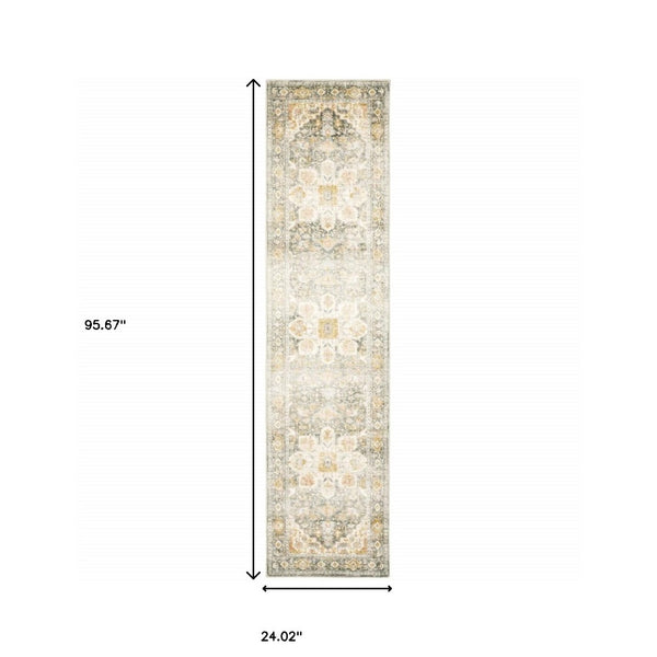 HomeRoots 2' Elegant Gray and Ivory Oriental Runner Rug - Stain Resistant, Ideal for Hallways and Entryways 2' x 8' 509667