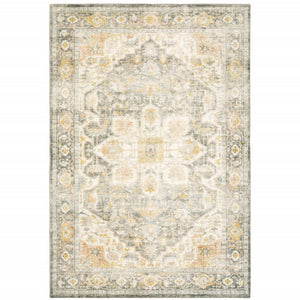 HomeRoots 2' Elegant Gray and Ivory Oriental Runner Rug - Stain Resistant, Ideal for Hallways and Entryways 5' X 7' 509668