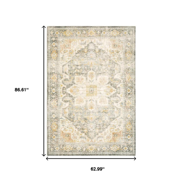 HomeRoots 2' Elegant Gray and Ivory Oriental Runner Rug - Stain Resistant, Ideal for Hallways and Entryways 5' X 7' 509668