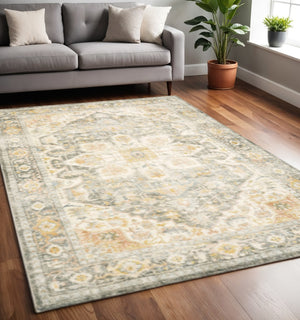 HomeRoots 2' Elegant Gray and Ivory Oriental Runner Rug - Stain Resistant, Ideal for Hallways and Entryways 5' X 7' 509668