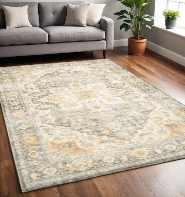HomeRoots 2' Elegant Gray and Ivory Oriental Runner Rug - Stain Resistant, Ideal for Hallways and Entryways 5' X 7' 509668