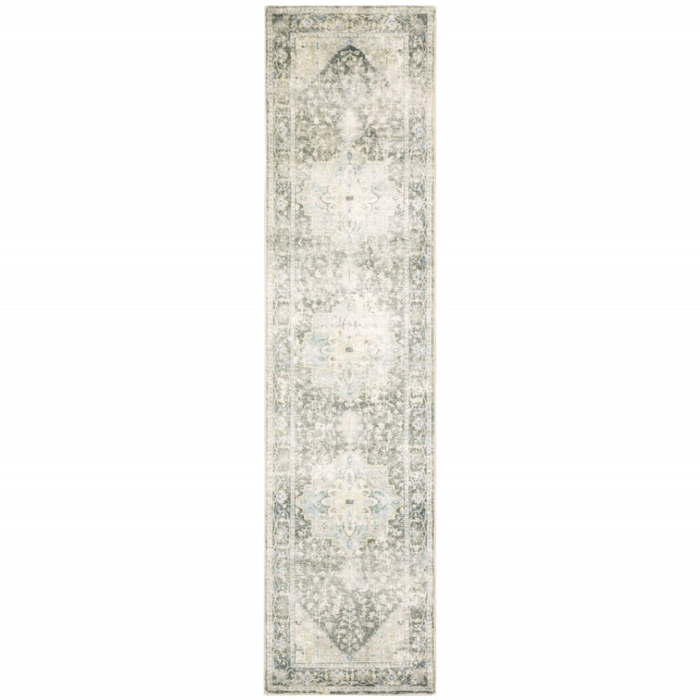 HomeRoots 8' Elegant Gray and Ivory Oriental Runner Rug - Stain-Resistant, Durable, Perfect for High-Traffic Areas 2' x 8' 509670