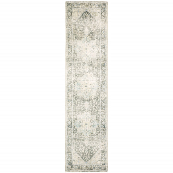 HomeRoots 8' Elegant Gray and Ivory Oriental Runner Rug - Stain-Resistant, Durable, Perfect for High-Traffic Areas 2' x 8' 509670
