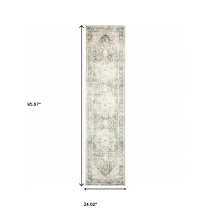 HomeRoots 8' Elegant Gray and Ivory Oriental Runner Rug - Stain-Resistant, Durable, Perfect for High-Traffic Areas 2' x 8' 509670