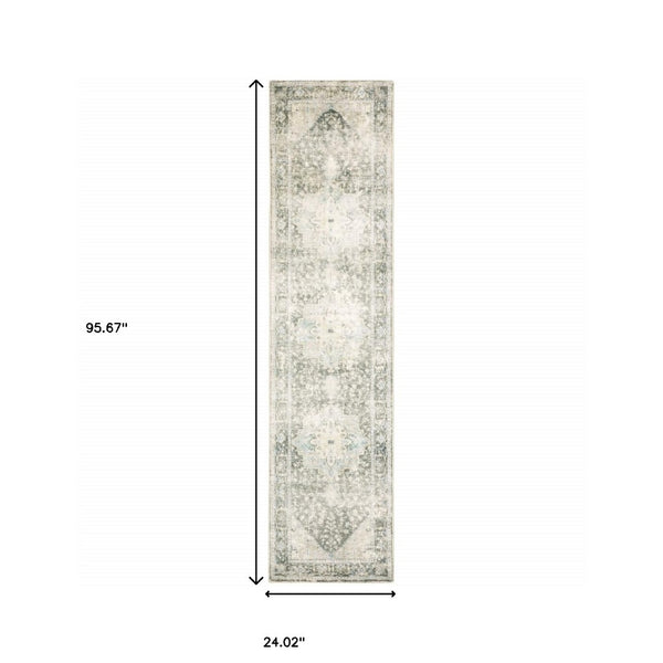 HomeRoots 8' Elegant Gray and Ivory Oriental Runner Rug - Stain-Resistant, Durable, Perfect for High-Traffic Areas 2' x 8' 509670