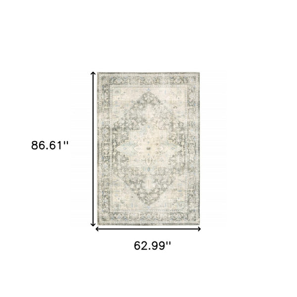 HomeRoots 8' Elegant Gray and Ivory Oriental Runner Rug - Stain-Resistant, Durable, Perfect for High-Traffic Areas 5' X 7' 509671