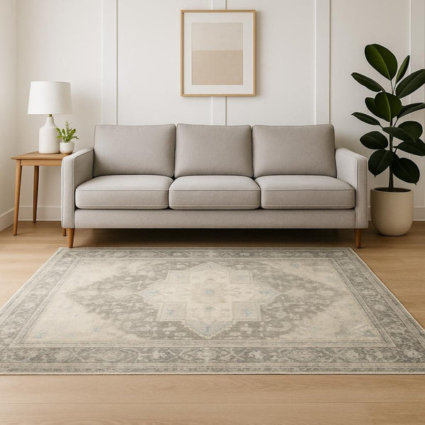 HomeRoots 8' Elegant Gray and Ivory Oriental Runner Rug - Stain-Resistant, Durable, Perfect for High-Traffic Areas 5' X 7' 509671