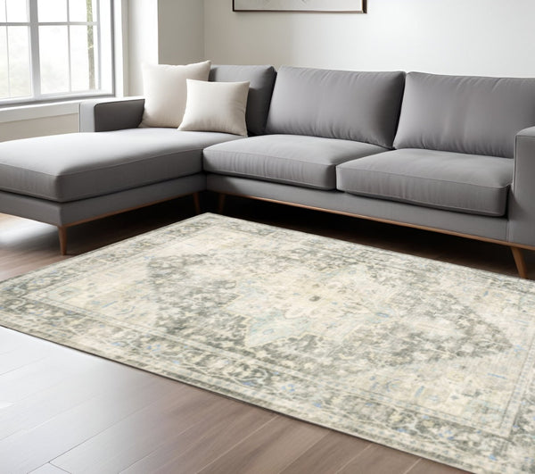 HomeRoots 8' Elegant Gray and Ivory Oriental Runner Rug - Stain-Resistant, Durable, Perfect for High-Traffic Areas 8' X 10' 509672