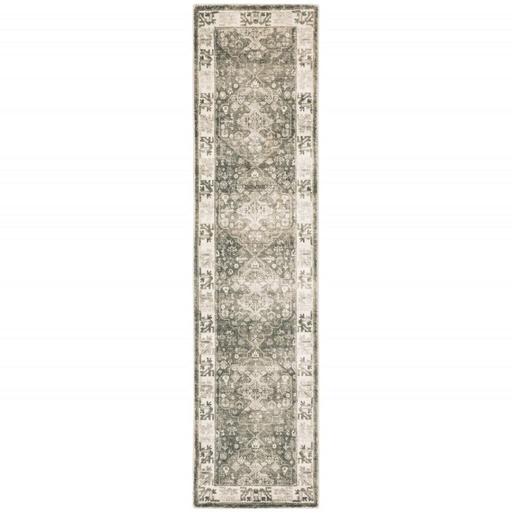 HomeRoots 8' Elegant Gray and Ivory Oriental Power Loom Runner Rug - Stain-Resistant, Durable, Stylish Decor 2' x 8' 509673