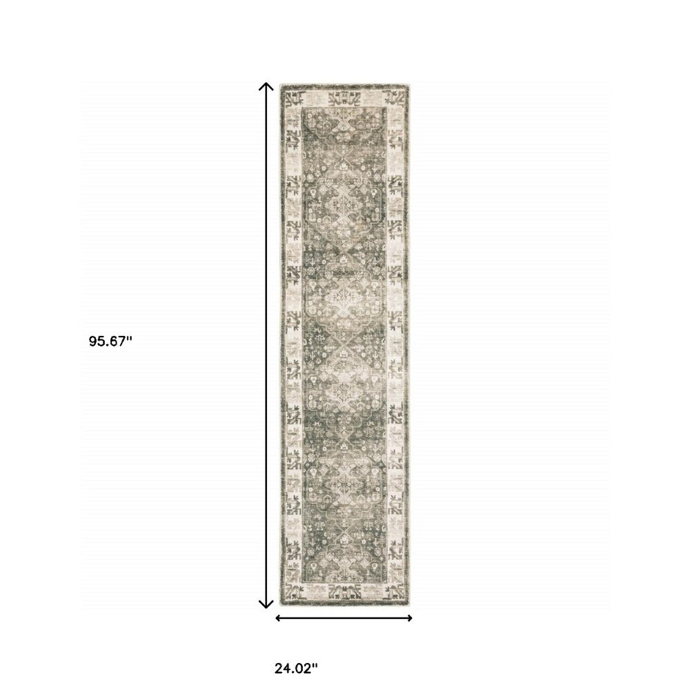HomeRoots 8' Elegant Gray and Ivory Oriental Power Loom Runner Rug - Stain-Resistant, Durable, Stylish Decor 2' x 8' 509673