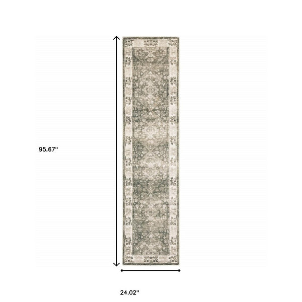 HomeRoots 8' Elegant Gray and Ivory Oriental Power Loom Runner Rug - Stain-Resistant, Durable, Stylish Decor 2' x 8' 509673