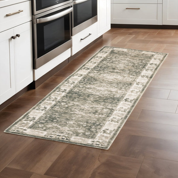 HomeRoots 8' Elegant Gray and Ivory Oriental Power Loom Runner Rug - Stain-Resistant, Durable, Stylish Decor 2' x 8' 509673