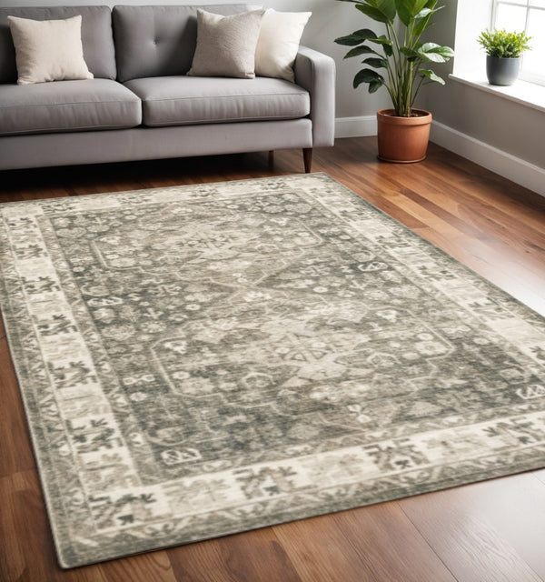 HomeRoots 8' Elegant Gray and Ivory Oriental Power Loom Runner Rug - Stain-Resistant, Durable, Stylish Decor 5' X 7' 509674