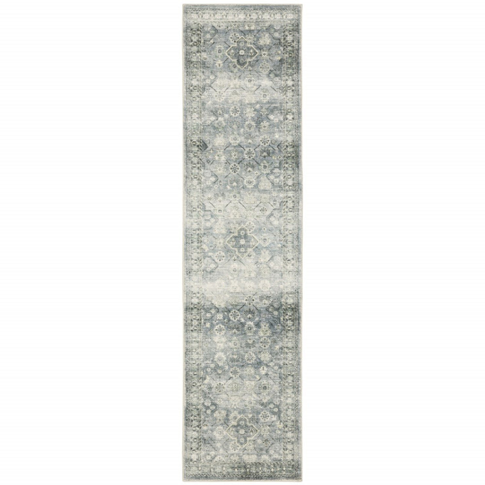 HomeRoots 2' Blue Ivory and Grey Oriental Runner Rug - Stain-Resistant, Soft Low Pile for Hallways & Entryways 2' x 8' 509676