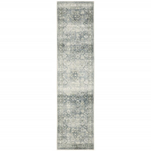 HomeRoots 2' Blue Ivory and Grey Oriental Runner Rug - Stain-Resistant, Soft Low Pile for Hallways & Entryways 2' x 8' 509676