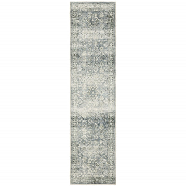 HomeRoots 2' Blue Ivory and Grey Oriental Runner Rug - Stain-Resistant, Soft Low Pile for Hallways & Entryways 2' x 8' 509676