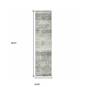 HomeRoots 2' Blue Ivory and Grey Oriental Runner Rug - Stain-Resistant, Soft Low Pile for Hallways & Entryways 2' x 8' 509676
