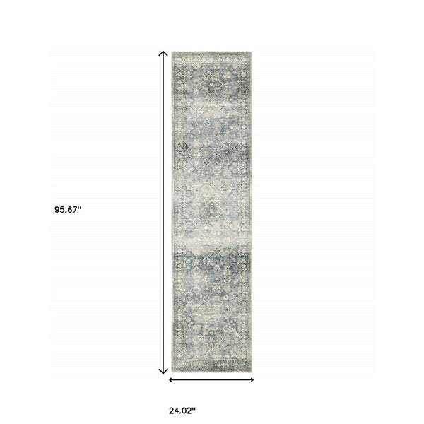 HomeRoots 2' Blue Ivory and Grey Oriental Runner Rug - Stain-Resistant, Soft Low Pile for Hallways & Entryways 2' x 8' 509676