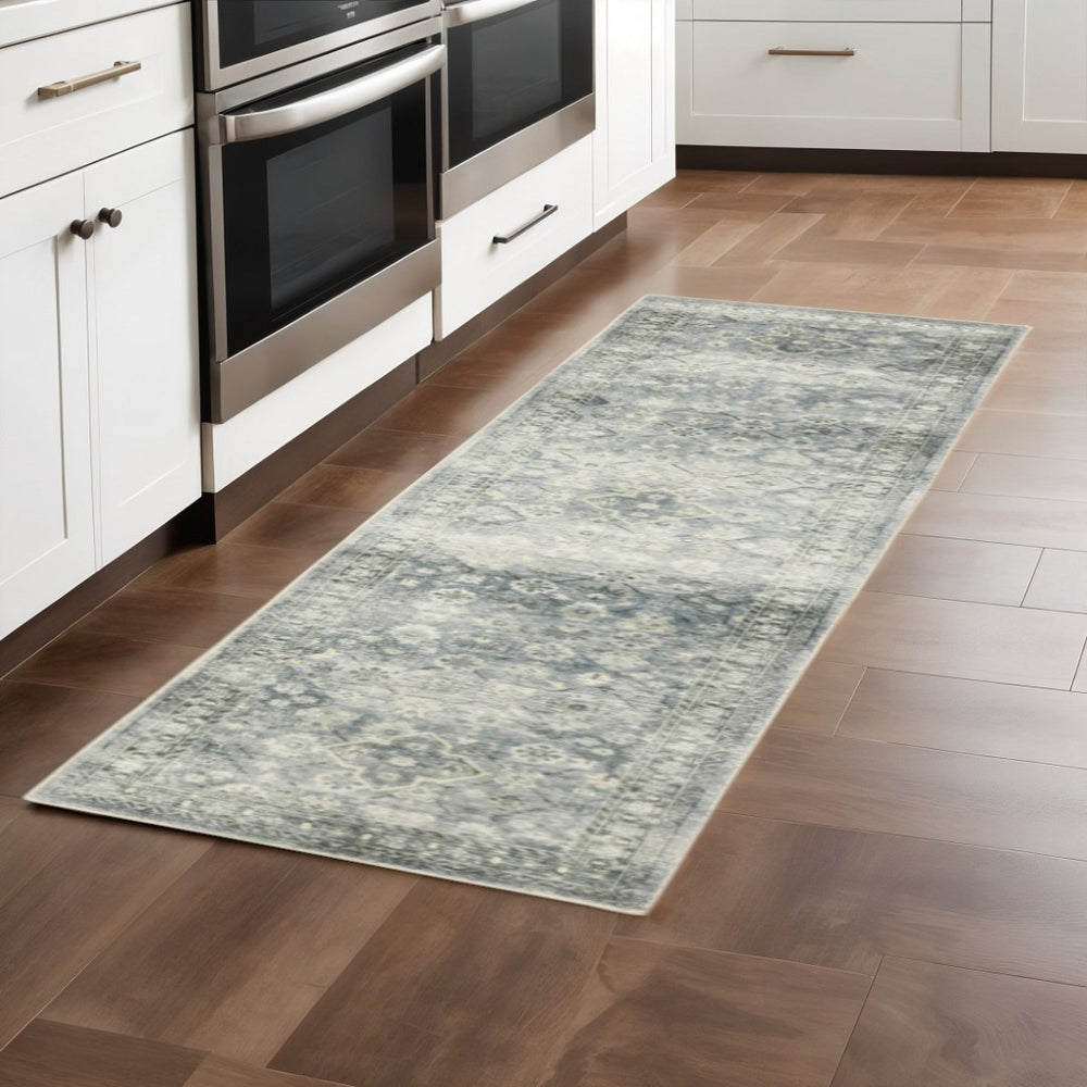 HomeRoots 2' Blue Ivory and Grey Oriental Runner Rug - Stain-Resistant, Soft Low Pile for Hallways & Entryways 2' x 8' 509676
