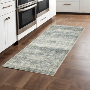 HomeRoots 2' Blue Ivory and Grey Oriental Runner Rug - Stain-Resistant, Soft Low Pile for Hallways & Entryways 2' x 8' 509676